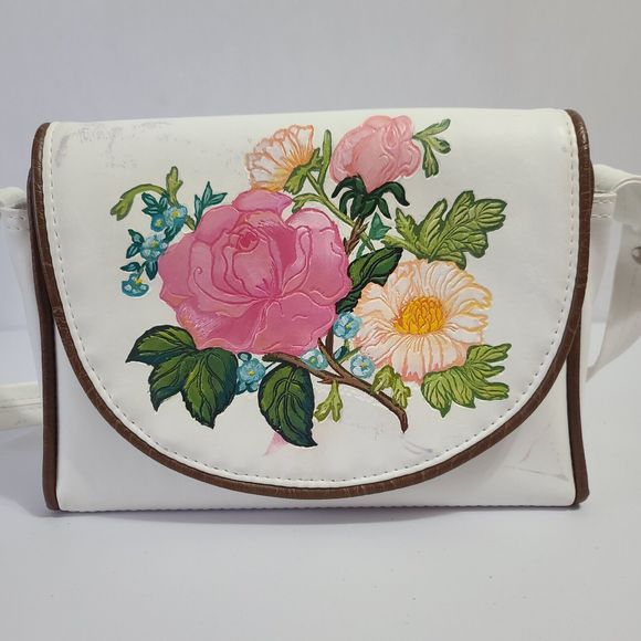 Vintage The Original Florida Keys Embossed Leather Shoulder Handbag Floral White - Picture 14 of 16